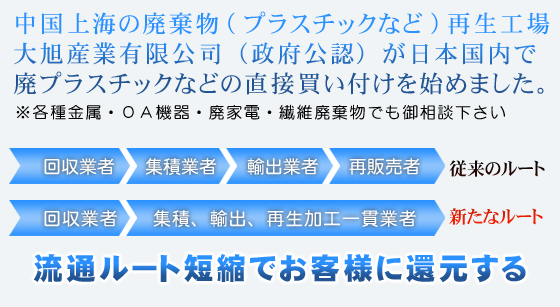 中国上海の産廃物(プラスチックなど)再生工場大旭産業有限公司(政府公認)が日本国内で廃プラスチックなどの直接買い付けを始めました 各種金属 OA機器 廃家電 繊維廃棄物でもご相談ください